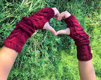 burgundy fingerless gloves, crochet gloves, crochet fingerless, wrist warmers , Long Fingerless Gloves, Handmade winter accessory