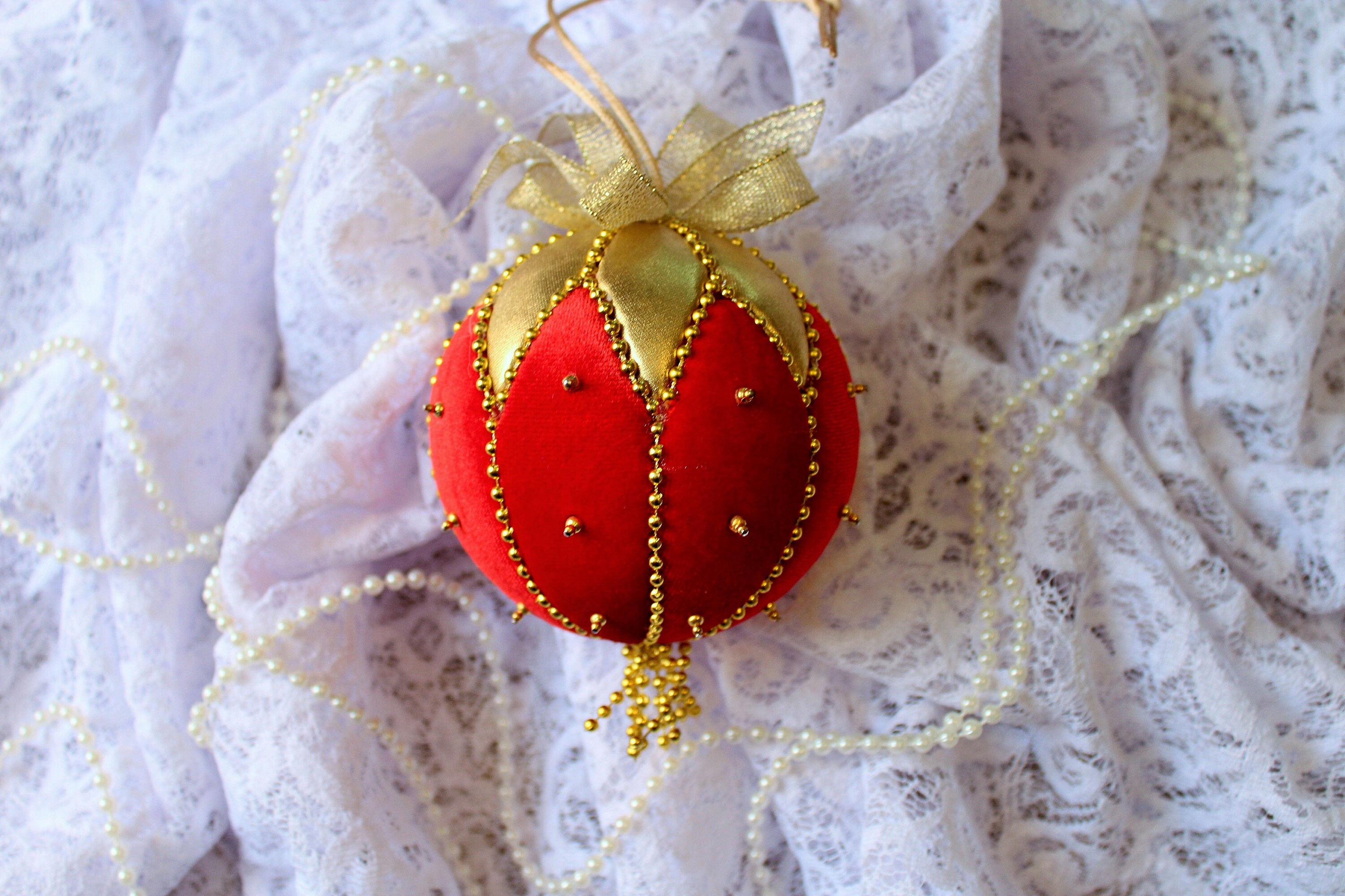 Christmas Ornaments Set, Handmade Red Velvet Balls, Red Christmas
