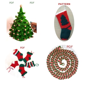 May include: A collection of handmade crochet Christmas decorations. Includes a green Christmas tree tea cozy with gold accents, a red and green Christmas stocking, a garland, and several mini stockings. The word "PATTERN" and "PDF" are visible.