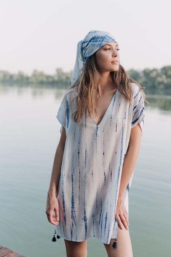 Buy Cotton Tunic, Shibori Dress, Short Kaftan Dress Online in 