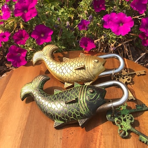 Fabulous Fish Brass Padlock Buddhist Vintage Puzzle Padlock Temple Lock Castle Unique Padlock Ornate Decor Cool Room Decor Home Hardware