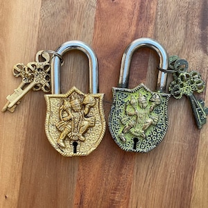 BEAUTIFUL Shiva Lock Parvati Hanuman Lock Antique/Vintage Looking Padlock Gate Lock Handmade High Quality Durable Hindu Deco Home Room Decor