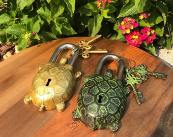 Green and Gold Turtle Padlock Castle Lock Temple Lock Handmade Lock Brass Handicraft Home Improvement Hardware Safety Doors and Locks