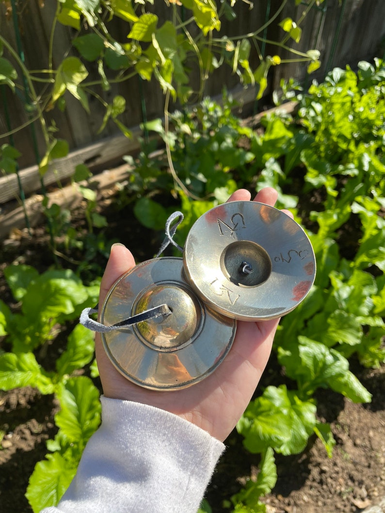 May include: Two small, round, brass cymbals with a black leather strap connecting them. The cymbals have the number "2" engraved on them.
