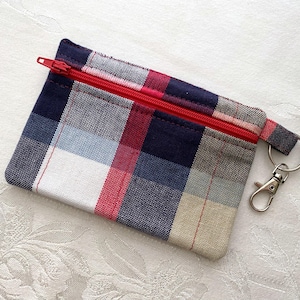 NUEVO - Mini billetera con llavero y cremallera ~ Billetera pequeña roja y azul ~ Bolsito cosido a mano ~ Llavero único ~ Tarjetero ~ Billetera minimalista