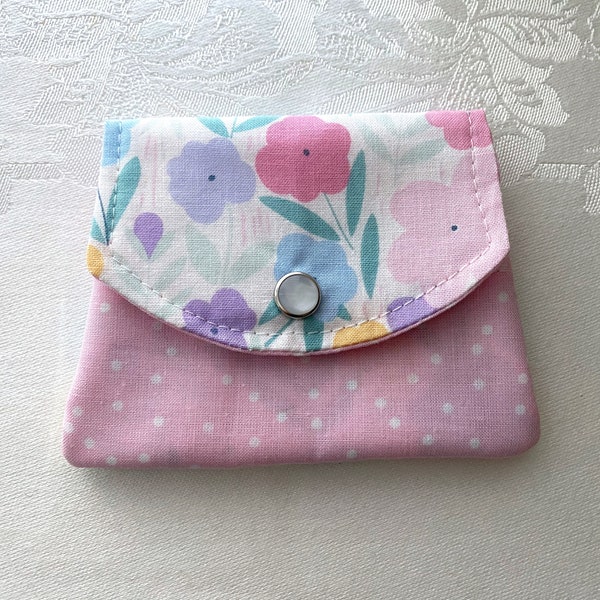 Spring Pink Flower Mini Wallet ~ Hand Sewn Small Wallet ~ Gift Card Holder ~ Small Purse, Backpack, Travel, Pocket ~ Unique Gift