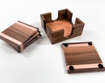 Solid Wood Coasters Walnut, Maple, Cumaru with Holder Set of 4