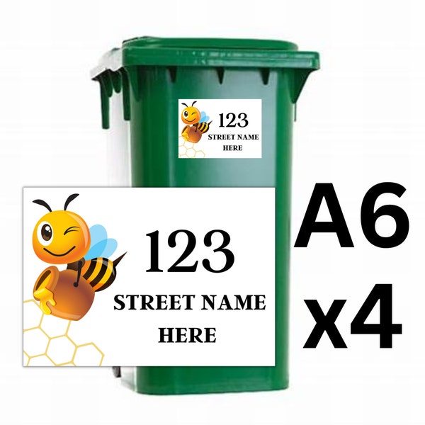 4 x Personalised Wheelie Bin Vinyl Stickers, Garden Fun Bin Stickers, Bee Pack Modern Bin Decals, Bee Theme with No & Street Name