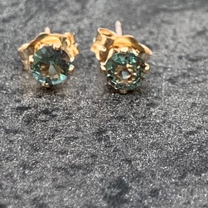 Dainty 4mm Light Teal Blue Sapphire Earrings 14k Yellow Gold Filled Studs