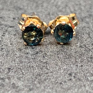Dainty 4mm Teal Blue Sapphire Earrings 14k Yellow Gold Filled Studs