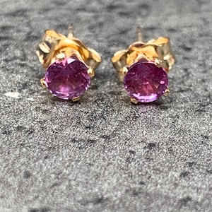 Dainty 4mm Magenta Pink Sapphire Earrings 14k Yellow Gold Filled Studs