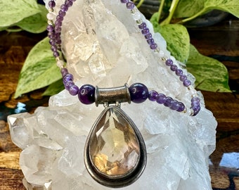 Amethyst - Citrine - Quartz Beaded Antique Silver Necklace 18” Citrine Pendant- Healing - Calming- 3rd Eye - Abundance - Manifestation