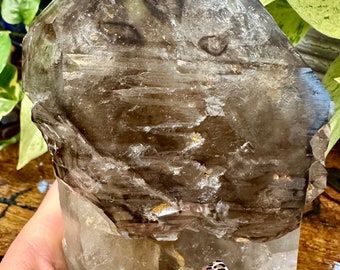May include: A large, clear quartz crystal with smoky brown inclusions. The crystal is pointed at the top and has a flat base. It is being held in a hand.