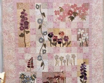 Cottage Garden pattern designed by Amanda Hall for Monkey Buttons, Applique, Wall hanging, patchwork, quilting, Flowers, Pansies, Foxglove,