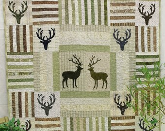 Stags at Dawn pattern by Amanda Hall of Monkey Buttons, Wall hanging, Quilt, Cushions, Christmas, Winter, Stag, Gift for a man
