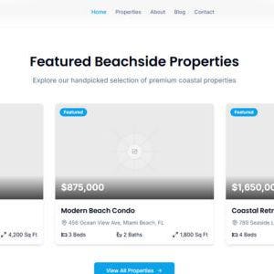 Peut inclure: Capture d'écran d'un site Web présentant trois propriétés de bord de mer en vedette à vendre. Les propriétés sont répertoriées avec leur prix, leur adresse, le nombre de chambres et de salles de bain, et leur superficie. Le site Web s'appelle Beach Haven Realty.