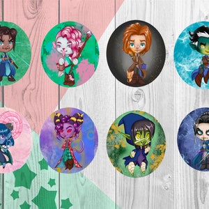 May include: Eight colorful round buttons featuring cartoon characters with different hairstyles, clothing, and backgrounds. The characters are a blue-skinned elf, a purple-skinned elf, a green-skinned elf, a human with brown hair, a human with pink hair, a human with black hair, a human with brown hair, and a human with blue hair.
