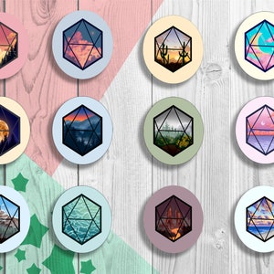 May include: Twelve round stickers with a geometric design featuring different landscapes. Each sticker has a different color background and a black geometric frame. The landscapes include a sunset over mountains, a desert scene, a forest, a moonlit night, a beach scene, and a cityscape.