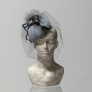 Powder Blue Wool Felt Fascinator with Birdcage Veil - handmade, elegant vintage style