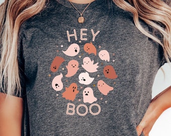 Hey Boo Cute Ghost Halloween Short Sleeve Tee Shirt