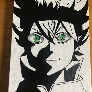 May include: Black and white painting of a character with green eyes and spiky black hair. The character is wearing a black and white outfit.