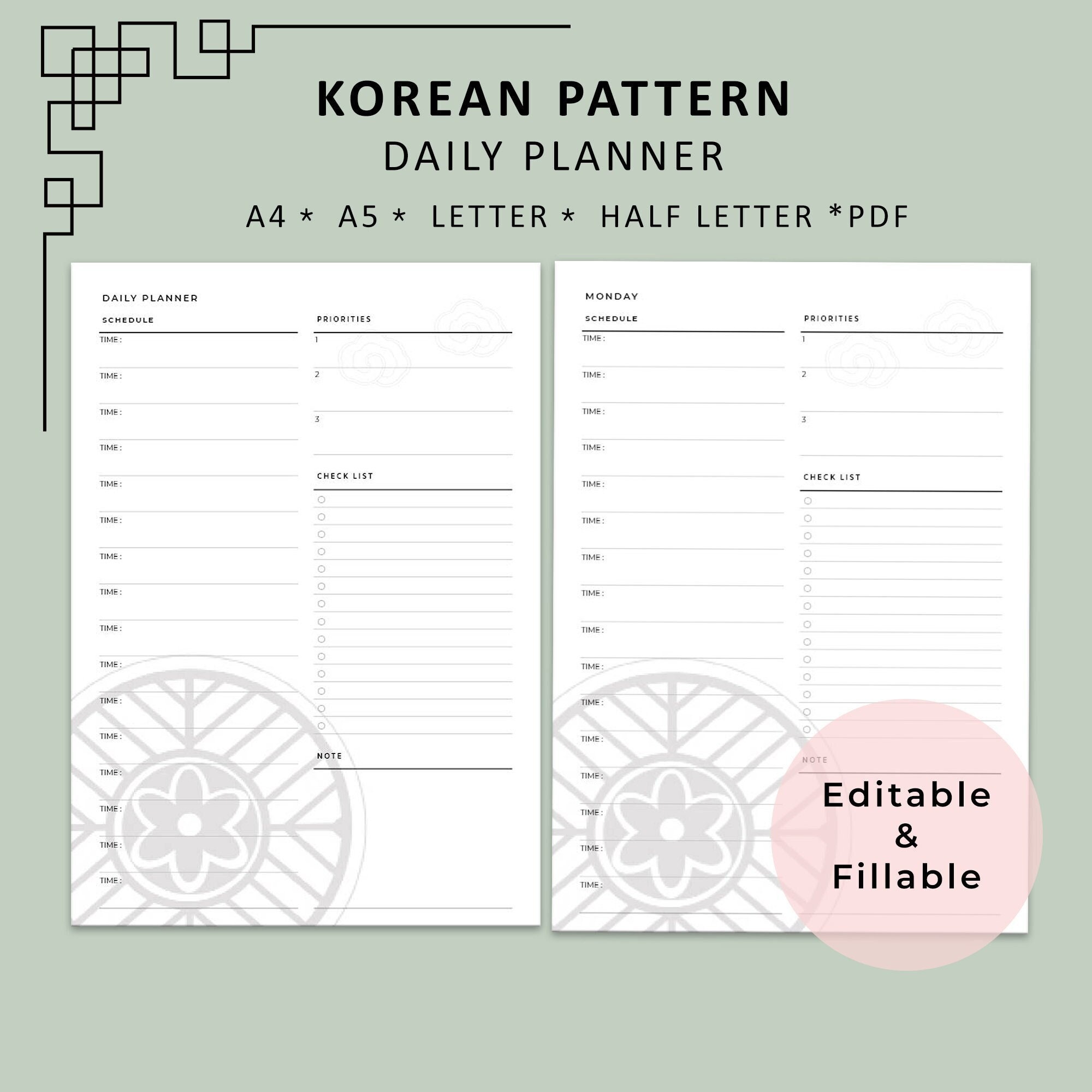Korean Traditional Patterns Fillable Minimalist Daily Schedule Etsy