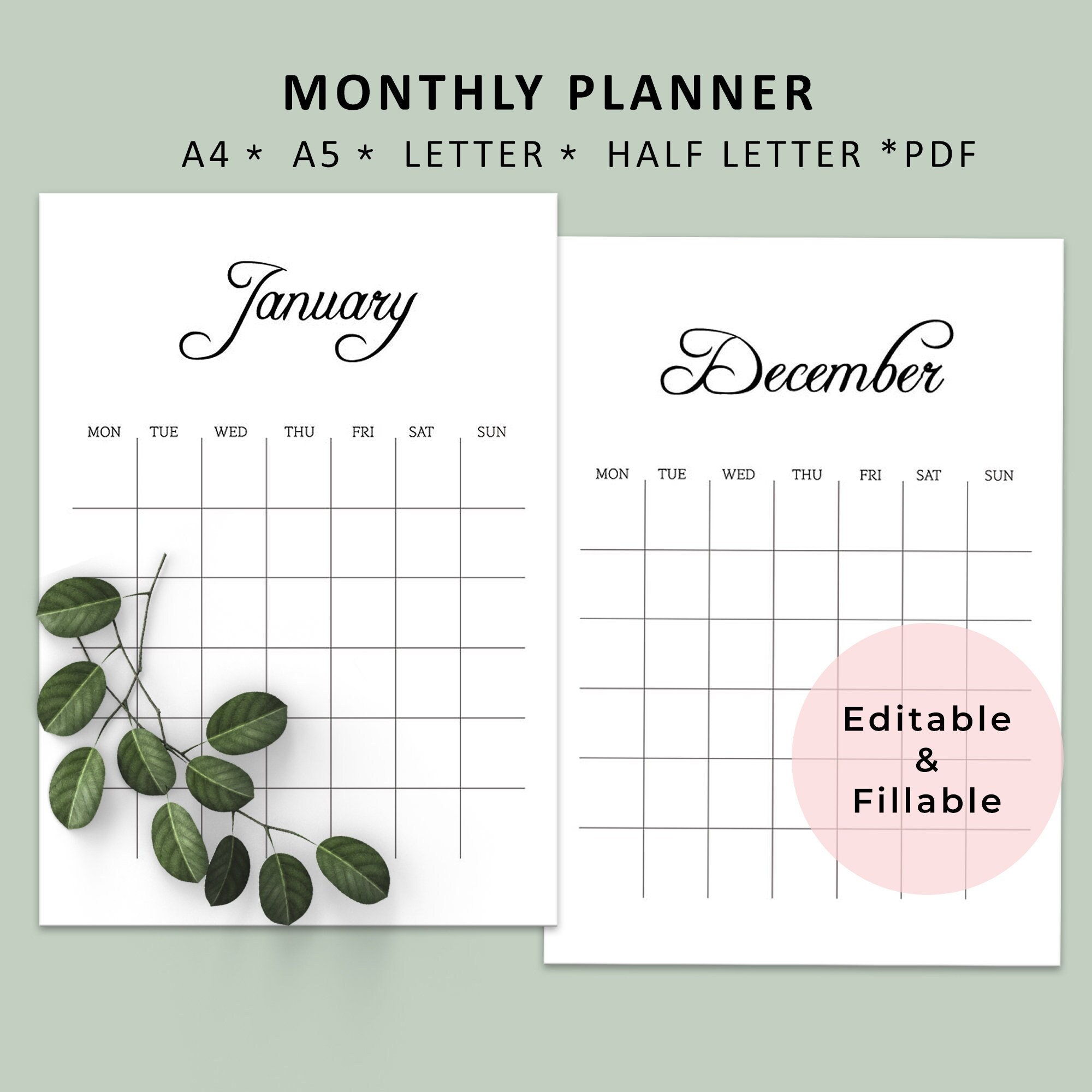 fillable blank calendar printable page minimalist monthly etsy