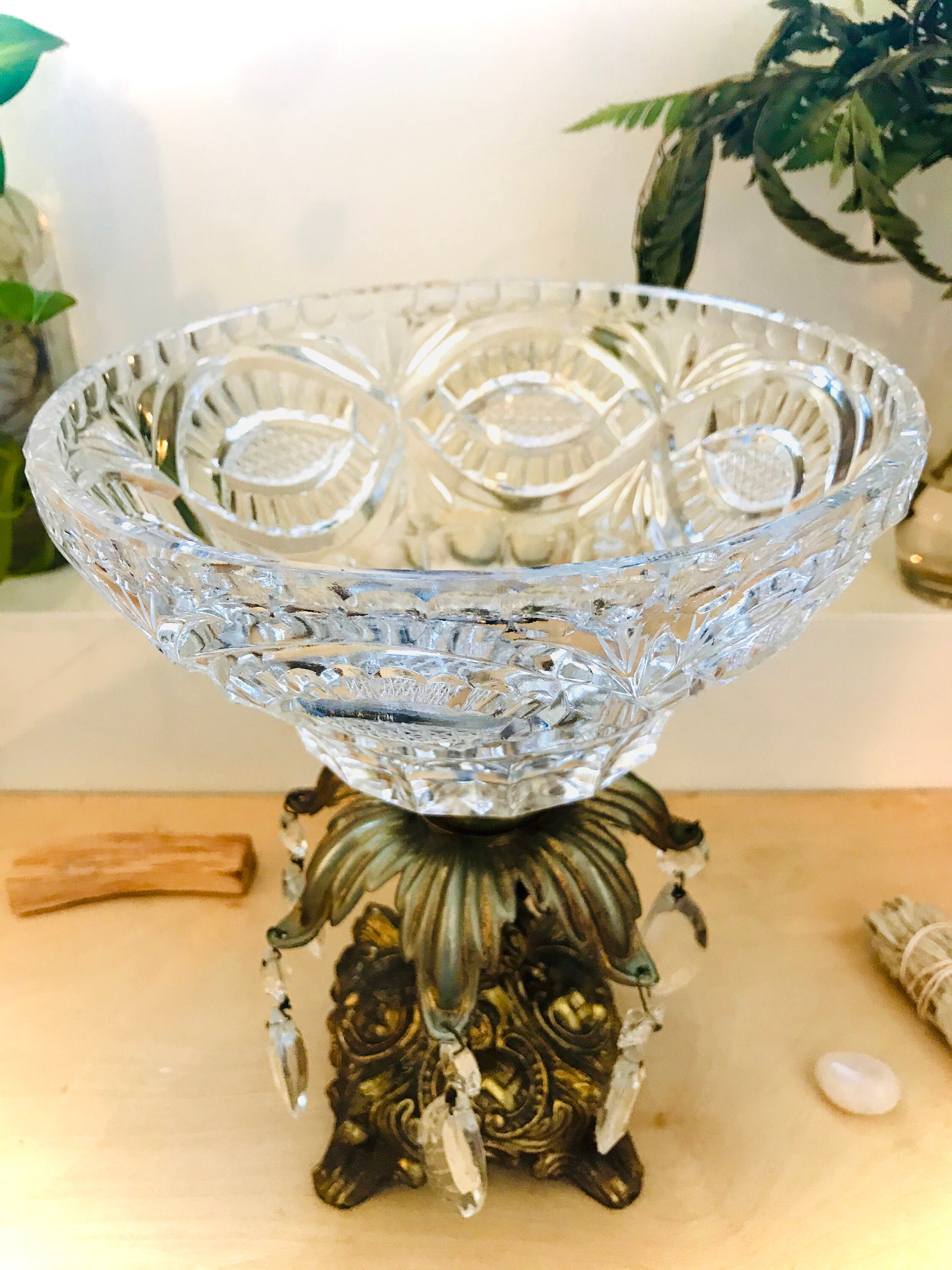 Vintage crystal pedestal bowl with matching candlesticks set Etsy