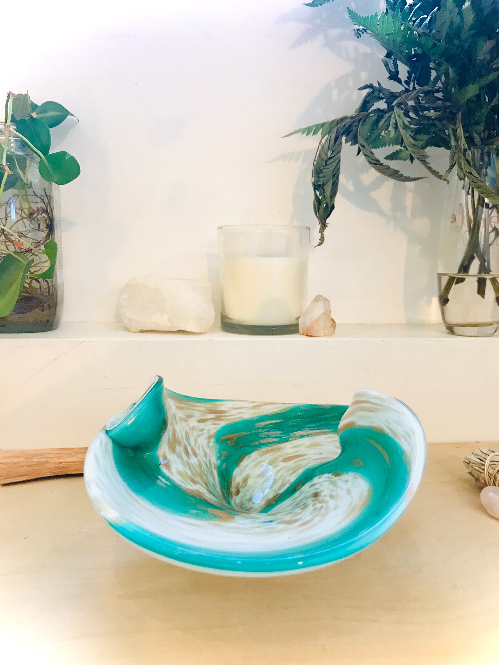 Vintage Murano Hand Blown Art Glass Bowl TURQUOISE & WHITE W/ Etsy