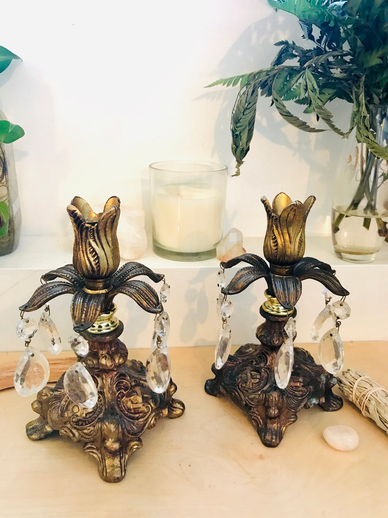 Vintage crystal pedestal bowl with matching candlesticks set Etsy