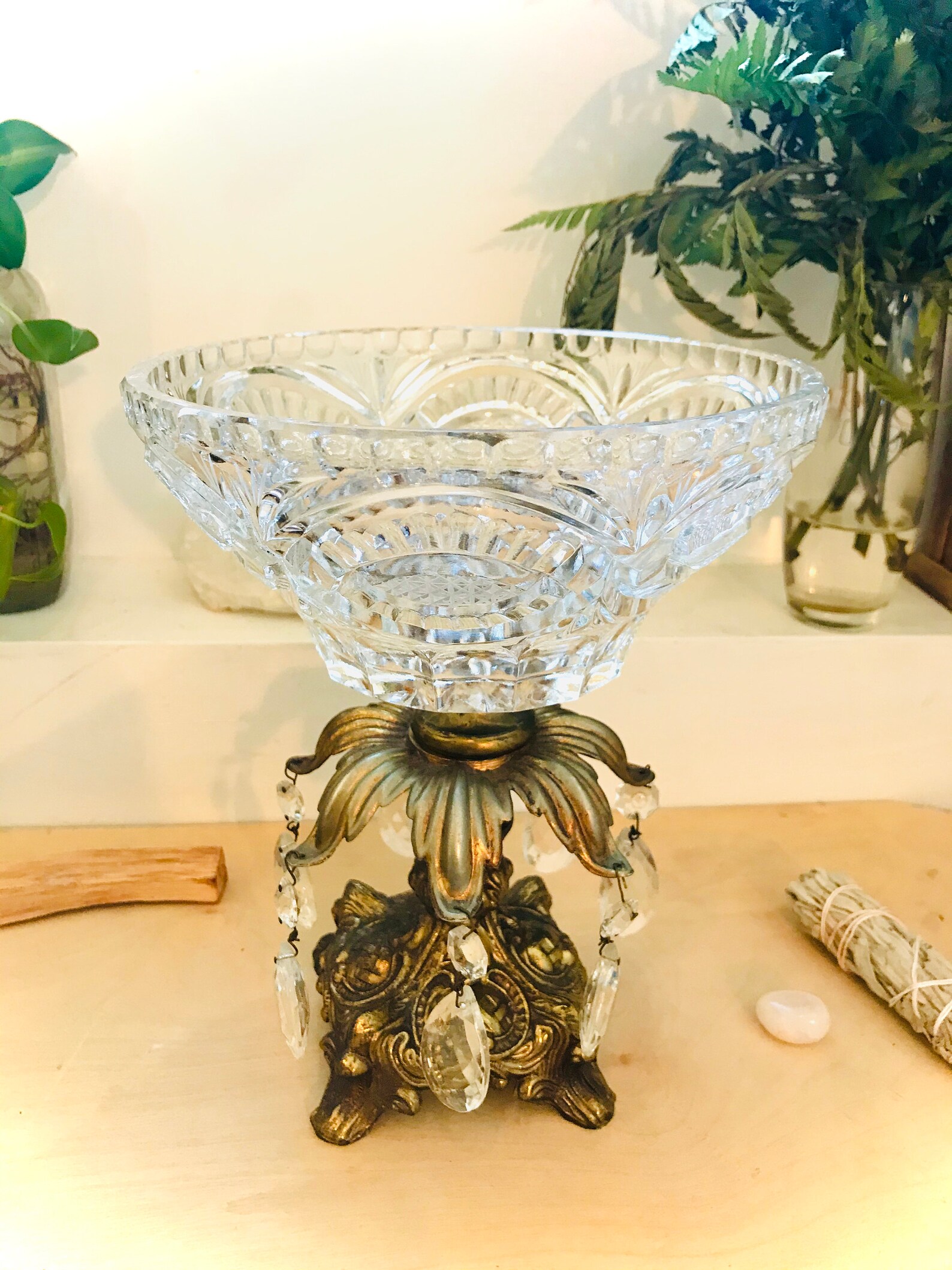 Vintage crystal pedestal bowl with matching candlesticks set Etsy
