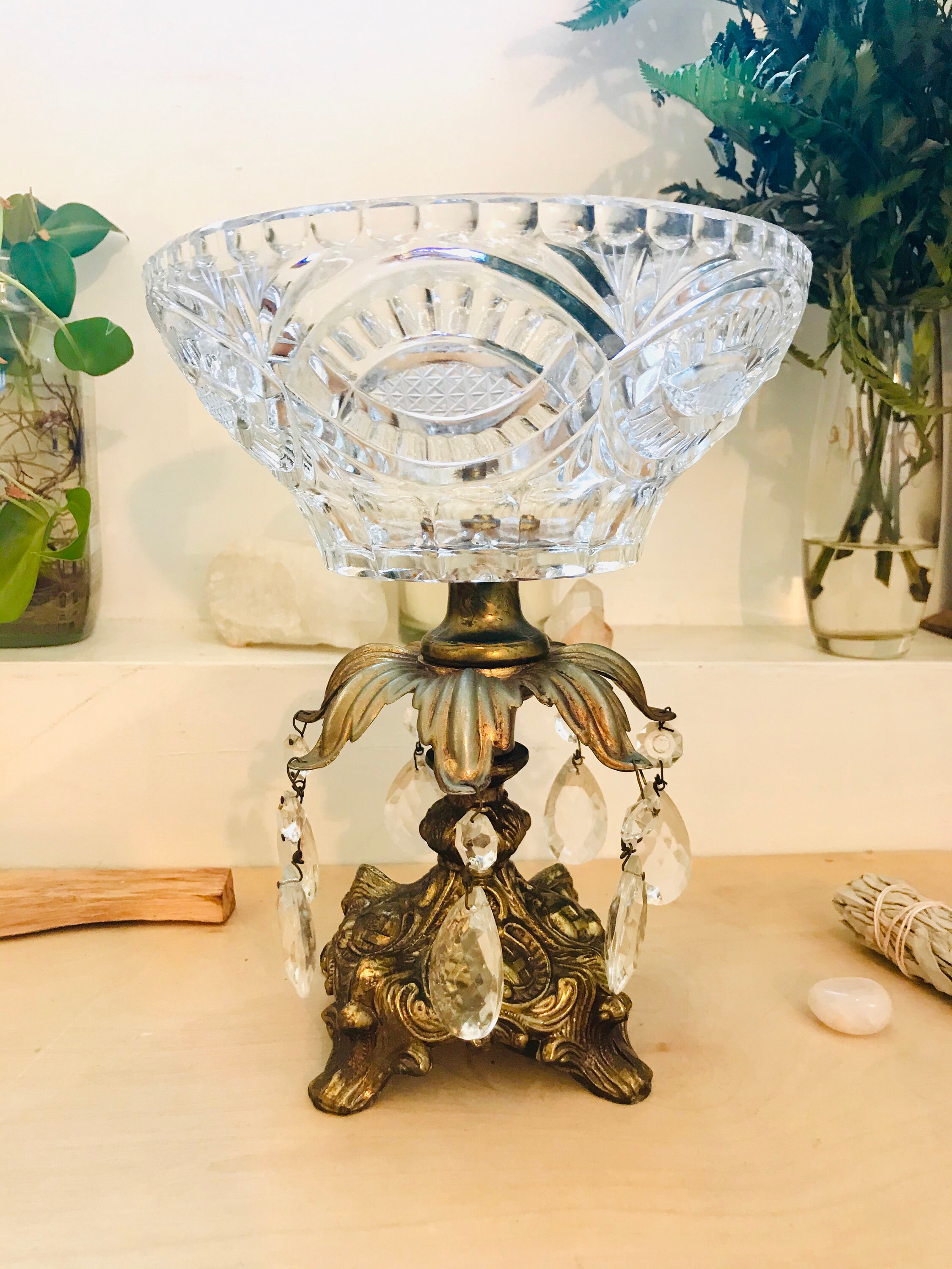 Vintage crystal pedestal bowl with matching candlesticks set Etsy