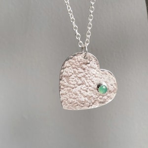 Hammered Silver Heart Pendant with Green Gemstone Accent - Recycled Silver Heart Necklace - Silver Hammered Heart Necklace with Chrysoprase