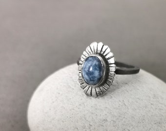 Oxidesed Sterling Silver Blue Gemstone Ring - Size O-P UK - 7.5 US - Handmade Blue Jasper Ring Recycled Silver