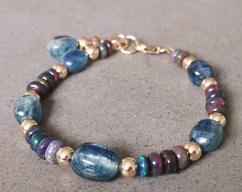 Black Opal & Kyanite Bracelet, Luxury Gemstone Beaded Bracelet, 14kt Gold Filled, Handmade Jewellery