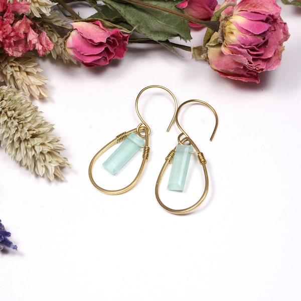 Aqua Chalcedony Brass Teardrop Earrings - Boho Wire-wrapped Gemstone Drop Earrings - Seafoam Gemstone Drops - Aqua Semiprecious Stone Dangle