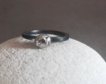 Recycled Silver Pebble Ring - Organic Textured Sterling Silver on Geometric Black Oxidised Silver Square Ring Band