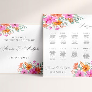 Plano de mesas para bodas de verano con diseño floral en color naranja y rosa