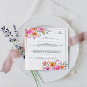 Menu de mariage d'été carré floral rose et orange