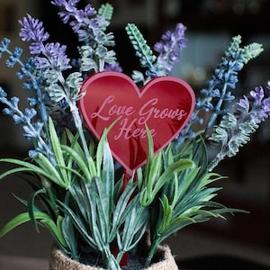 May include: A red heart-shaped sign with the text "Love Grows Here" in white lettering, placed in a potted plant with lavender flowers.