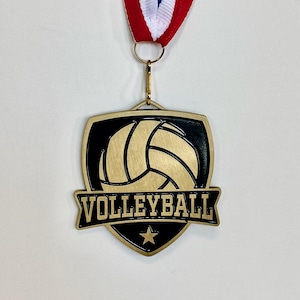 Volleyball Medallion With Ribbon and Free Engraving; Black and Gold Shield Volleyball Medal