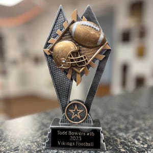 May include: A football trophy with a silver and bronze finish. The trophy features a football, helmet, and star design. The base has text that reads "Todd Bowers #16 2023 Vikings Football."
