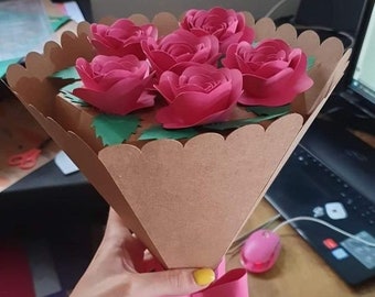 Paper flower bouquet + ASSEMBLY VIDEO with score lines, Flowers/Base/Leaves/Bow/ cameo, cricut, svg, dxf, eps, pdf