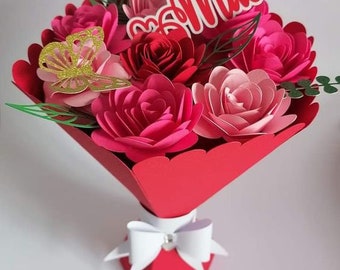 Papierblumenstrauß, Muttertagsgeschenk STRAUß und ROSEN, Rosenstraußbox 3D-Vorlage, SVG-Datei, Studio, Cricut, SVG, dxf, eps