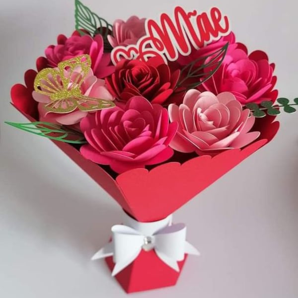 Bouquet de fleurs en papier, cadeau fête des mères BOUQUET et ROSES, modèle 3D de boîte de bouquet de roses, fichier SVG, studio, cricut, svg, dxf, eps