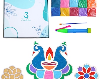 UtsaWe 3-Piece Rangoli Set, MDF Rangoli Mat, Reusable Rangoli for Diwali, - Includes 3 rangoli Stencils, 10 Colors, Coloring Pen, & a Brush