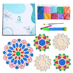 UtsaWe 5-Piece Rangoli Set, MDF Rangoli Mat, Reusable Rangoli for Diwali, - Includes 5 rangoli Stencils, 10 Colors, Coloring Pen, & a Brush