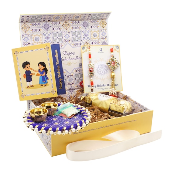 UteWe Bhaiya Bhabhi Kundan Rakhi Gift Box with Pooja Thali, Chocolate and Greeting Card