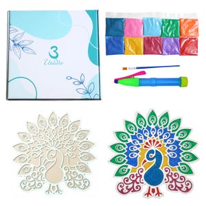UtsaWe Peacock Rangoli Set, MDF Rangoli Mat, Reusable Rangoli for Diwali, - Includes 2 rangolis (12 in), 10 Colors, Coloring Pen, and Brush