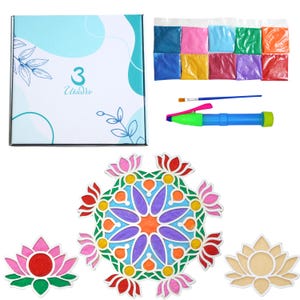 UtsaWe Lotus Rangoli Set, MDF Rangoli Mat, Reusable Rangoli for Diwali, - Includes 3 rangolis, 10 Colors, Coloring Pen, and a Brush